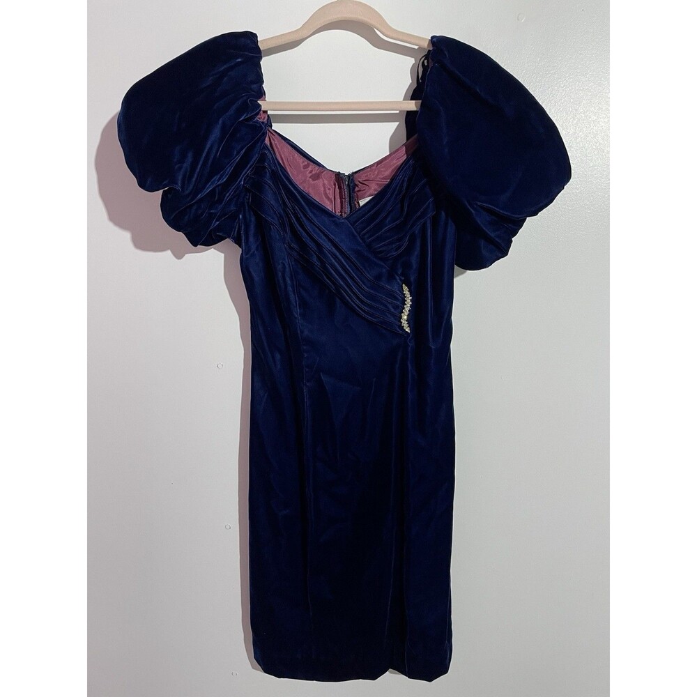 Vtg Y2K‎ Velvet Dress 7/8 Blue Puff Sleeves Whimsigoth Holidays Prom Party USA